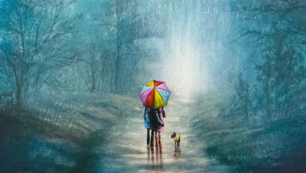 Artistic 4K Ultra HD wallpaper of a friend holding a colorful umbrella walking a dog in the rain along a misty forest path.