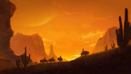 A vibrant fantasy western landscape at sunset, featuring silhouetted riders, an American bison, cacti, and canyon formations under a glowing orange sky.