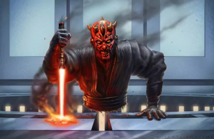 Darth Maul, red-and-black Sith from Star Wars, lunges over a sci‑fi console wielding a blazing red lightsaber — intense HD PC desktop wallpaper.