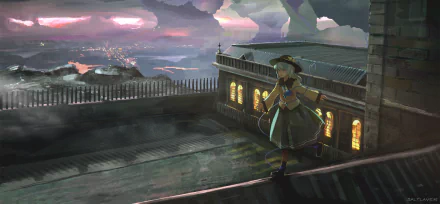HD anime desktop wallpaper featuring Koishi Komeiji from Touhou standing on a rooftop at dusk, overlooking a cityscape under a dramatic, cloudy sky.