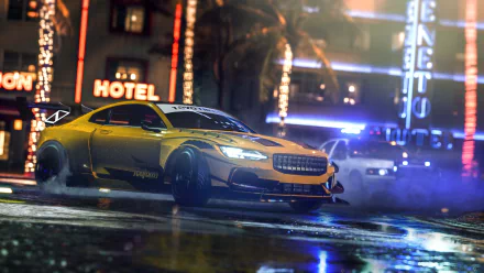 Yellow race car drifts through neon-lit wet streets at night, Need for Speed Heat video game scene rendered as 4K Ultra HD PC desktop wallpaper and background.