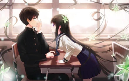 Eru Chitanda and Hōtarō Oreki from the anime Hyouka share an intimate moment in a sunlit classroom, captured in a vibrant 4K Ultra HD desktop wallpaper.