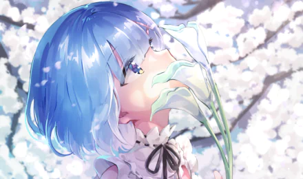 HD PC desktop wallpaper featuring Rem from Re:Zero - Starting Life in Another World, surrounded by soft white flowers in an anime art style.