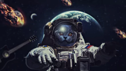 4K Ultra HD PC desktop wallpaper: sci-fi scene of a cat astronaut floating in space, Earth behind and fiery meteors streaking by.