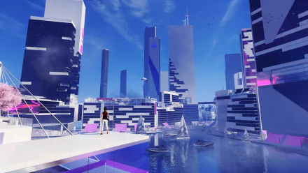 4K Ultra HD PC desktop wallpaper featuring a vibrant cityscape from the video game Mirror's Edge Catalyst with sleek skyscrapers and a reflective river under a bright sky.
