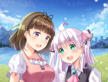 HD PC desktop wallpaper of Adele von Ascham and a white-haired friend from the anime Watashi Nouryoku wa Heikinchi de tte Itta yo ne!, smiling by a lakeside under a blue sky.