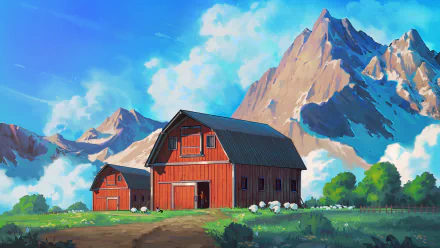 Anime-style HD desktop wallpaper depicting a serene countryside with red barns, sheep grazing, and towering mountains under a bright blue sky with fluffy clouds.
