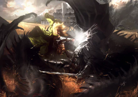 4K Ultra HD fantasy wallpaper depicting a dramatic battle between Éowyn and the Witch-king of Angmar from The Lord of the Rings.