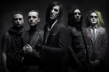 Black-and-white, moody portrait of a gothic rock band; dramatic makeup and suits, 2K Quad HD PC desktop wallpaper — tagged Motionless in White.