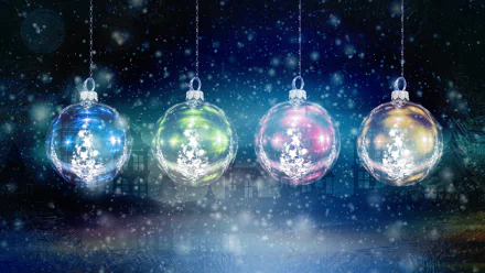 5K Ultra HD PC desktop wallpaper of four glowing Christmas baubles—blue, green, pink, gold—hanging against a snowy, starry holiday night.