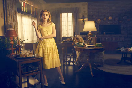 Kiernan Shipka from the TV show Feud stands in a vintage-style room wearing a yellow dress, captured in a high-definition desktop wallpaper scene.