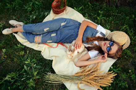 Alina Stanislavskaya sunglasses brunette braid lying down rabbit woman model HD Desktop Wallpaper | Background Image