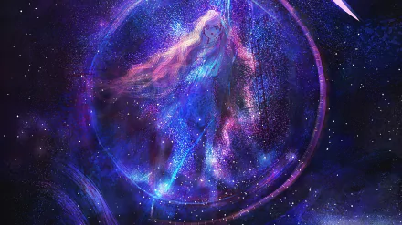 A vibrant fantasy anime character enveloped in swirling cosmic light, set against a glowing starry background, designed as an HD PC desktop wallpaper.