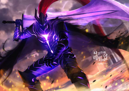 HD desktop wallpaper featuring an intense, dynamic anime character from Solo Leveling, clad in dark armor, wielding a sword, with a fierce background of swirling colors and light.