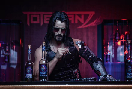 HD desktop wallpaper of Keanu Reeves as a character in Cyberpunk 2077, featuring his intense, cybernetic look against a futuristic bar background with bottles labeled Totentanz.