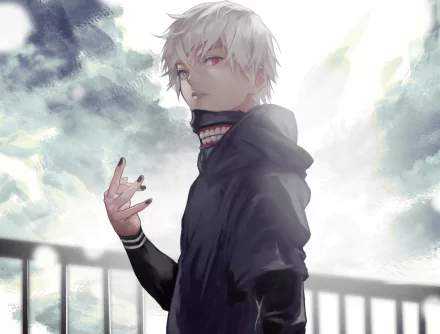 HD anime wallpaper featuring Ken Kaneki from Tokyo Ghoul √A and Tokyo Ghoul:re with white hair and heterochromia against a cloudy sky background.