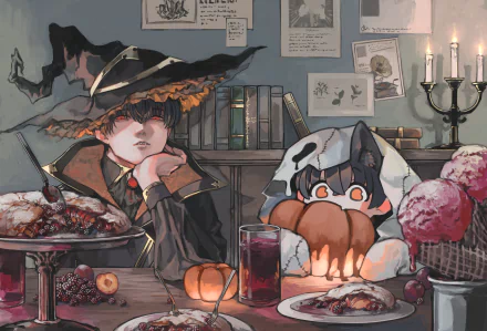 A vampire-themed anime illustration showcasing two characters in an atmospheric setting with desserts, candles, and books, serving as a vibrant 4K Ultra HD desktop wallpaper.