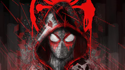 Comic-style Spider-Man in a red-and-black hooded mask with glowing white eyes and splattered red web graphics — 4K Ultra HD PC desktop wallpaper.