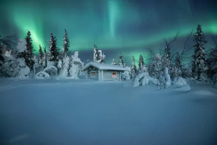 A snowy winter night in Finland with a cabin surrounded by snow-covered trees under the vibrant aurora borealis lighting up the sky.
