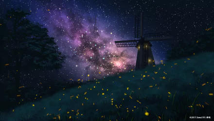 Original anime night HD PC desktop wallpaper background: a windmill on a grassy hill, glowing fireflies and a vivid starry sky with the Milky Way.