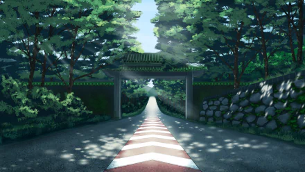 HD anime-style desktop wallpaper depicting a peaceful street scene with lush green trees and a traditional Japanese gate under dappled sunlight.