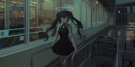 HD desktop wallpaper of an original anime character with black hair and purple eyes, depicted with a halo, walking in a dimly lit setting next to shopping carts and large windows.