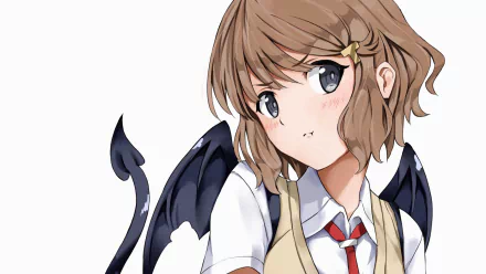 HD PC desktop wallpaper featuring Tomoe Koga from the anime Rascal Does Not Dream of Bunny Girl Senpai, showcasing her in a school uniform with small black wings.