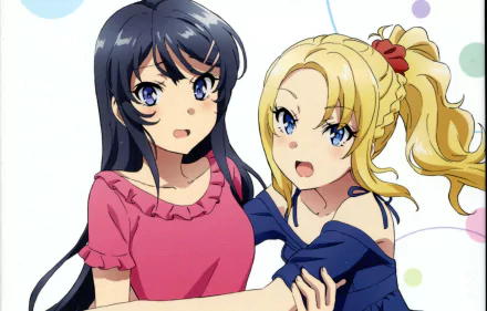 HD PC desktop wallpaper of Nodoka Toyohama and Mai Sakurajima from Rascal Does Not Dream of Bunny Girl Senpai: dark-haired girl in pink and blonde in blue embracing against soft polka-dot background.