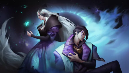 HD PC desktop wallpaper of Aphelios (League of Legends) and Alune from the video game, back-to-back amid swirling blue, teal magic and a starry, ethereal background.