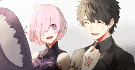 HD PC desktop wallpaper of Fujimaru Ritsuka (male) and Mashu Kyrielight from the anime Fate/Grand Order, close-up, smiling; Mashu with shield, soft pastel tones.