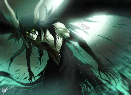 HD PC desktop wallpaper featuring Ulquiorra Cifer from the anime Bleach, depicted with dark wings and an intense, ethereal glow.