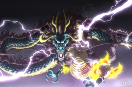 HD desktop wallpaper featuring Kaido from One Piece in a fierce, electrifying dragon form with lightning and flames, showcasing the powerful character in vibrant anime style.