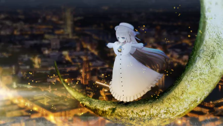 Merry Milk virtual YouTuber in a flowing white dress and beret stands on a mossy crescent moon above a glowing city — anime HD PC desktop wallpaper/background