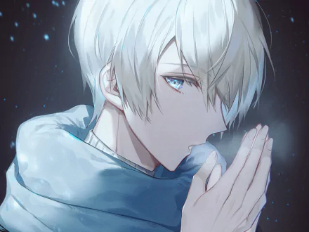Anime original HD PC desktop wallpaper/background: close-up of a pale‑haired young man in a blue scarf, icy blue eyes, warming his hands amid soft snow and a dark, starry backdrop.