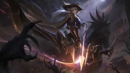 HD PC desktop wallpaper featuring Ashe from the video game League of Legends, depicted in dark, dramatic armor with a glowing bow amid shadowy figures.
