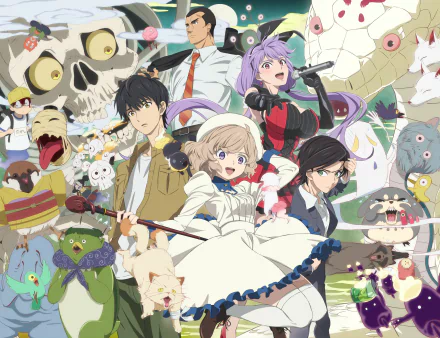HD anime desktop wallpaper featuring Terada, Kurou Sakuragawa, Kojin Nanase, Saki Mihara, and Kotoko Iwanaga from Kyokou Suiri surrounded by various creatures.