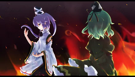 HD PC desktop wallpaper of Touhou anime: Soga no Tojiko (left, purple hair) and Mononobe No Futo (right, green hair) backlit by roaring orange-red flames.