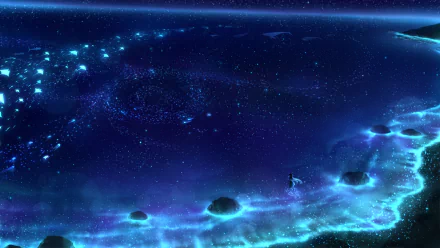 HD anime original desktop wallpaper featuring a glowing, ethereal ocean scene with luminous blue hues and scattered stones under a starry night sky.
