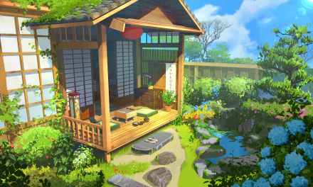 Anime-style HD wallpaper showing a serene, traditional Japanese house surrounded by lush greenery and vibrant flowers. The peaceful garden features a small pond and stone pathway.