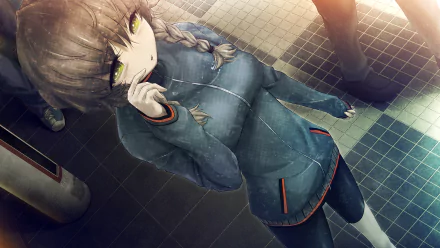 HD PC desktop wallpaper of Suzuha Amane (Steins;Gate): anime girl with braided hair and hoodie looking up on a tiled floor, warm sunlight and passing legs casting shadows.