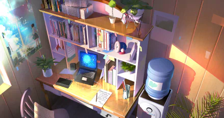 HD anime-style room desktop wallpaper featuring a cozy desk setup with books, a laptop, and plants. A water cooler stands nearby, adding to the room's charm.