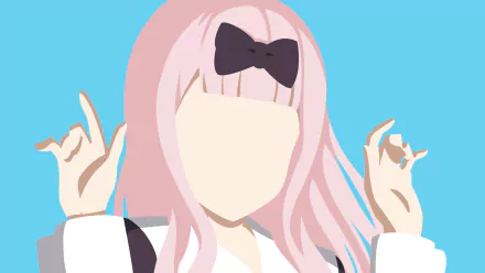 Minimalist 4K Ultra HD anime wallpaper featuring Chika Fujiwara from Kaguya-sama: Love is War with soft pink hair and a black bow against a solid blue background.