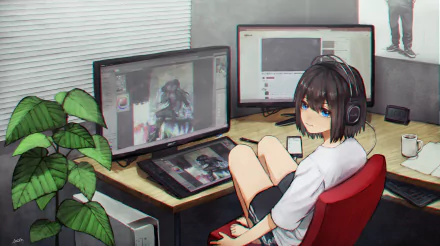 Anime-style artwork of a black-haired girl with short hair and blue eyes wearing headphones, sitting in a modern room with dual computer monitors and a red chair.