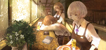 HD PC desktop wallpaper featuring original anime characters with short hair in a warmly lit café setting, capturing a calm and intimate atmosphere.