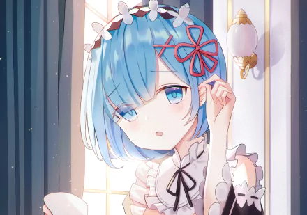 HD PC desktop wallpaper featuring Rem from the anime Re:Zero - Starting Life in Another World, showcasing her blue hair and maid outfit in a detailed anime style.