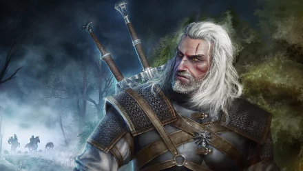 Geralt of Rivia from The Witcher 3: Wild Hunt stands in a misty forest, detailed in 4K Ultra HD, showcasing his armor, swords, and intense expression.