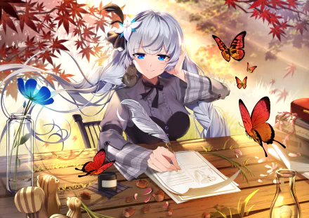 Anime-style Azur Lane character with long silver hair and blue eyes sits at a wooden table, writing by quill, surrounded by red and orange autumn leaves and vibrant butterflies.