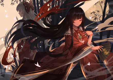 HD anime desktop wallpaper featuring Touhou characters Fujiwara no Mokou and Kaguya Houraisan in a dynamic, atmospheric scene with flowing hair and traditional attire.