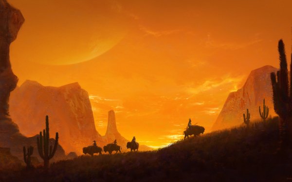 Fantasy Landscape Canyon Sunset Native American American Bison Western HD Wallpaper | Background Image