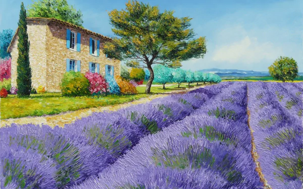 Artistic painting of a vibrant lavender landscape with a rustic stone house and tree under a clear sky, designed as an HD PC desktop wallpaper and background.